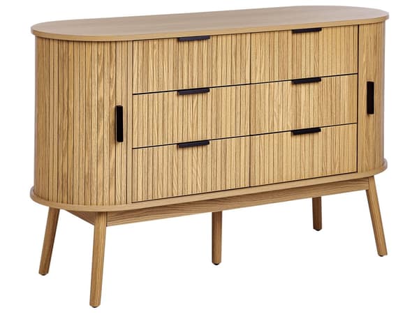 Kommode lyst træ MDF 6 skuffer 2 par skydelåger træben skydelåger