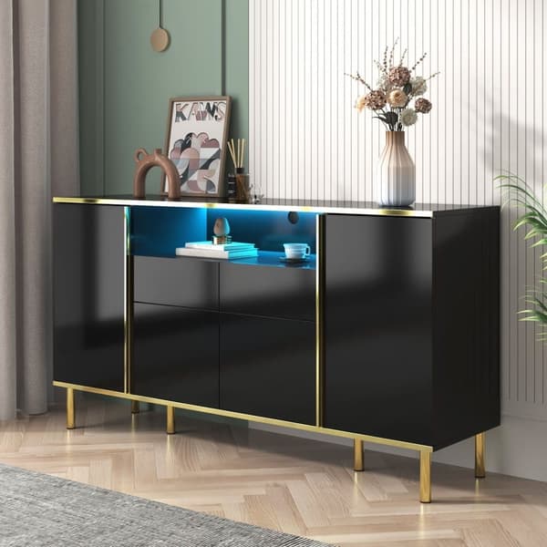 Skænk med LED - 4 låger 2 skuffer - Blank finish - Moderne stil - Sort