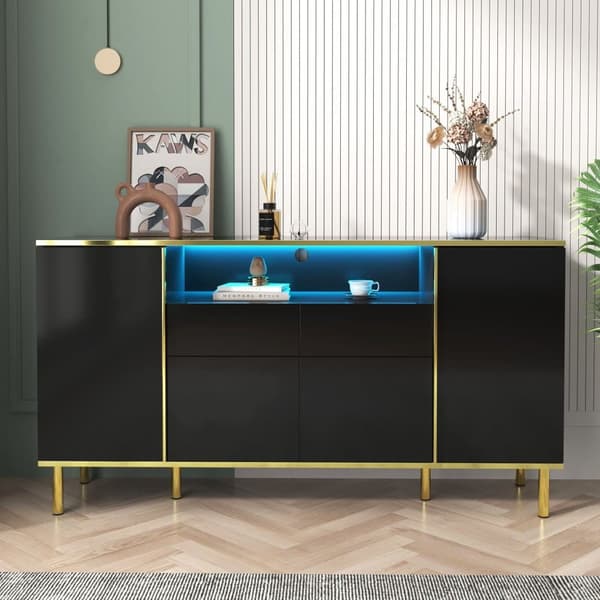Skænk med LED - 4 låger 2 skuffer - Blank finish - Moderne stil - Sort