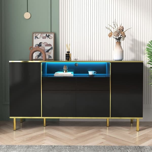 Skænk med LED - 4 låger 2 skuffer - Blank finish - Moderne stil - Sort