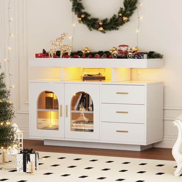 Sideboard 、 köksskåp med LED - 3 lådor och 2 dörrar - Vit