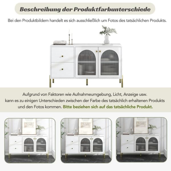 120cm sideboard med 2 glasdörrar och 2 lådor - skiva med marmoreffekt - förgyllda ben - Vit
