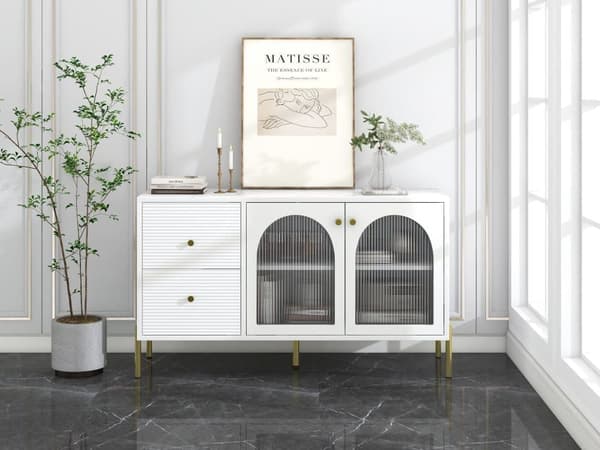 120cm sideboard med 2 glasdörrar och 2 lådor - skiva med marmoreffekt - förgyllda ben - Vit