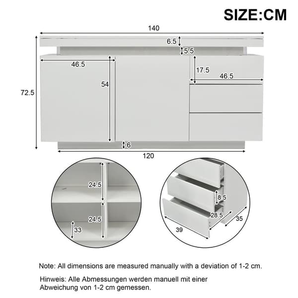 Moderne højglans skænk med LED-belysning – Hvid til stuen – 2 låger, 3 skuffer, uden greb – 140x35x72,5 cm