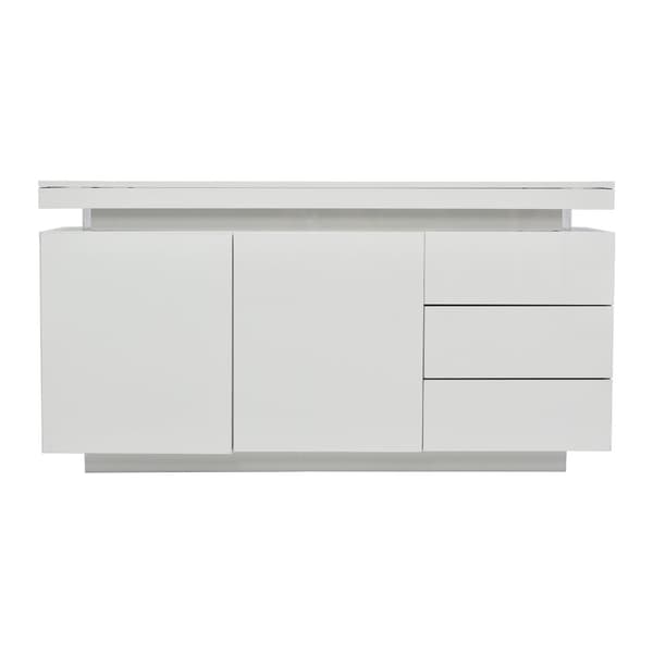 Moderne højglans skænk med LED-belysning – Hvid til stuen – 2 låger, 3 skuffer, uden greb – 140x35x72,5 cm