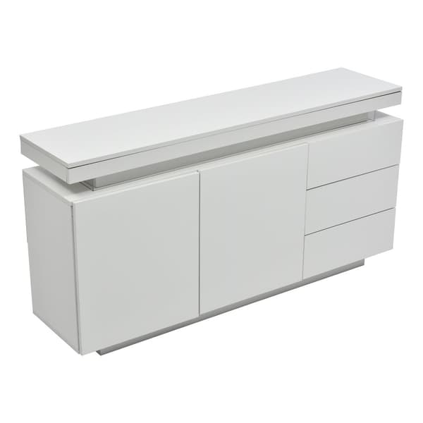 Moderne højglans skænk med LED-belysning – Hvid til stuen – 2 låger, 3 skuffer, uden greb – 140x35x72,5 cm