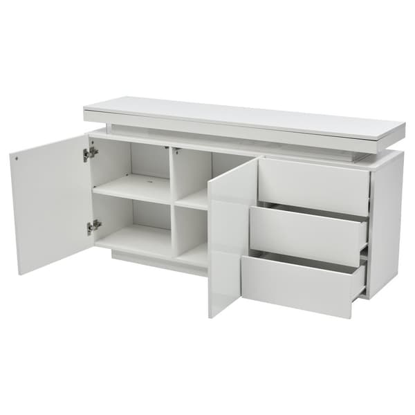 Moderne højglans skænk med LED-belysning – Hvid til stuen – 2 låger, 3 skuffer, uden greb – 140x35x72,5 cm