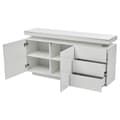 Miniatyrbillede 7 af 11: Moderne højglans skænk med LED-belysning – Hvid til stuen – 2 låger, 3 skuffer, uden greb – 140x35x72,5 cm