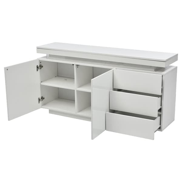 Moderne højglans skænk med LED-belysning – Hvid til stuen – 2 låger, 3 skuffer, uden greb – 140x35x72,5 cm
