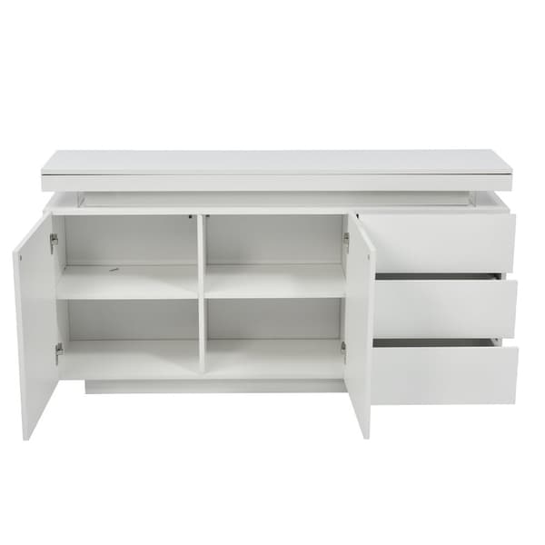 Moderne højglans skænk med LED-belysning – Hvid til stuen – 2 låger, 3 skuffer, uden greb – 140x35x72,5 cm