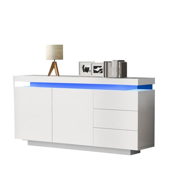 Moderne højglans skænk med LED-belysning – Hvid til stuen – 2 låger, 3 skuffer, uden greb – 140x35x72,5 cm