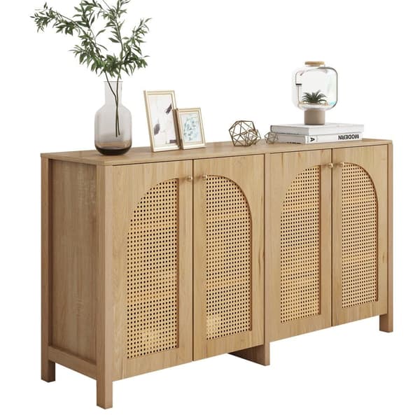 Moderne skænk med justerbare hylder - rattanlåger - MDF - Natural
