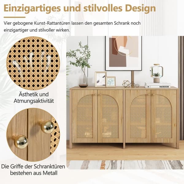 Moderne skænk med justerbare hylder - rattanlåger - MDF - Natural