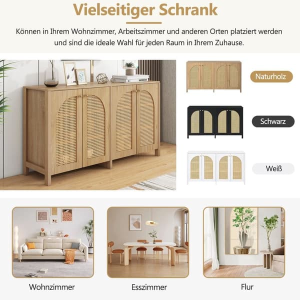 Moderne skænk med justerbare hylder - rattanlåger - MDF - Natural