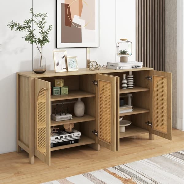 Moderne skænk med justerbare hylder - rattanlåger - MDF - Natural