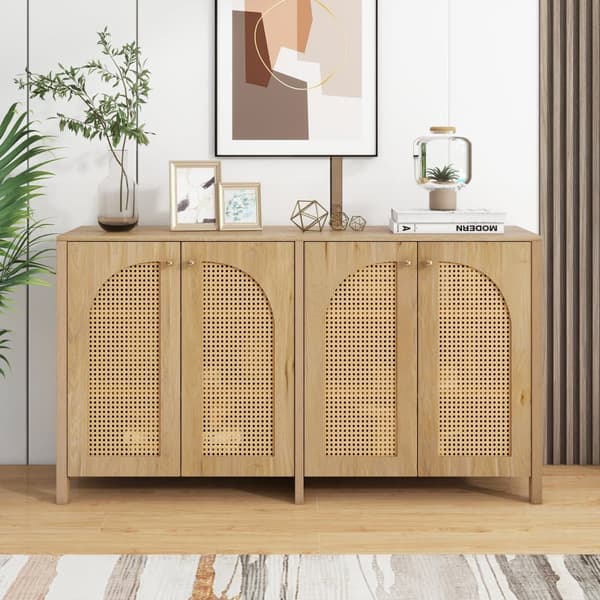 Moderne skænk med justerbare hylder - rattanlåger - MDF - Natural