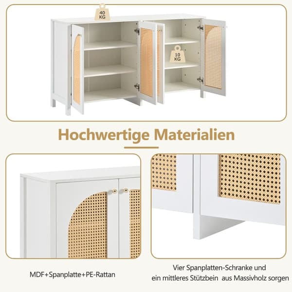 Modernt sideboard med justerbara hyllor - rottingdörrar - MDF - Vit