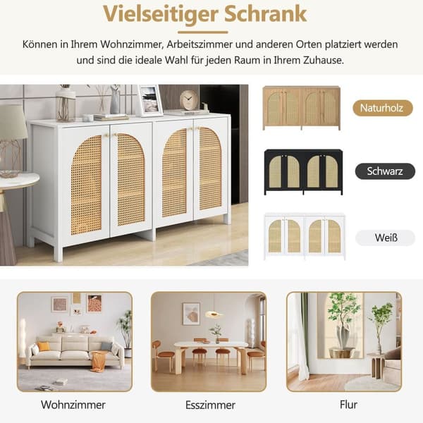 Modernt sideboard med justerbara hyllor - rottingdörrar - MDF - Vit