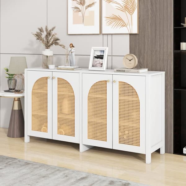 Moderne skænk med justerbare hylder - rattanlåger - MDF - hvid