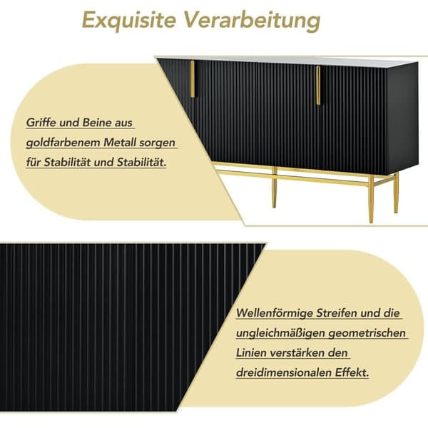 Moderne og elegant skænk - 4 låger med greb i forgyldt metal - Sortlakeret