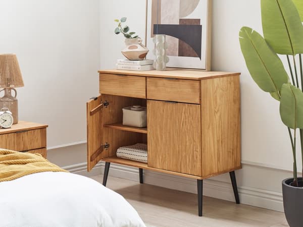 Kommode Lyst Træ og Grå 3 Skuffer Skab Metal Base Industrielt Moderne Design