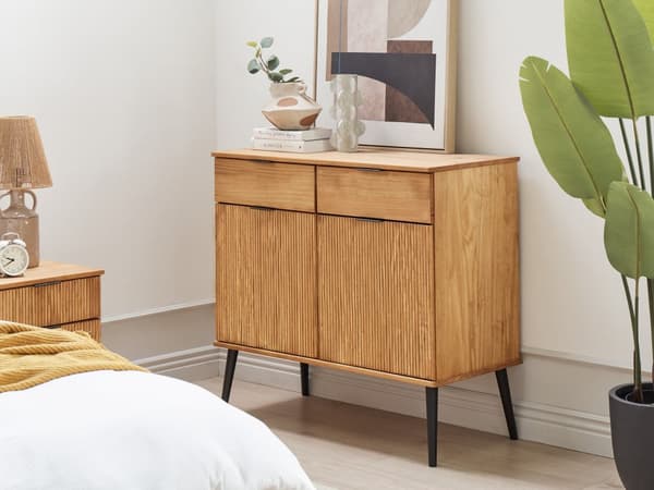 Kommode Lyst Træ og Grå 3 Skuffer Skab Metal Base Industrielt Moderne Design