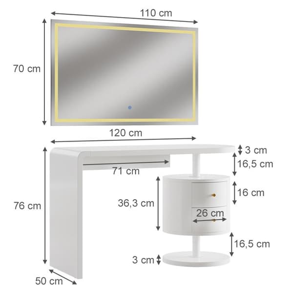 Vicco Lara sminkbord, Högblank vit, 120 cm med LED-spegel