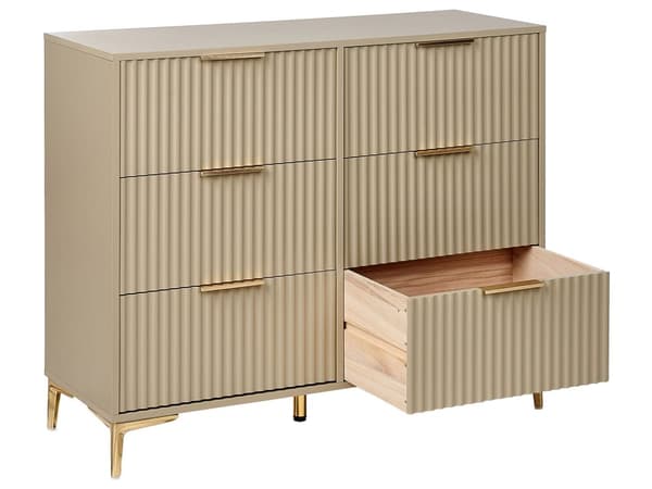 Kommode Beige MDF 6 skuffer Metalben Håndtag Riflede fronter Moderne design Soveværelse Stue