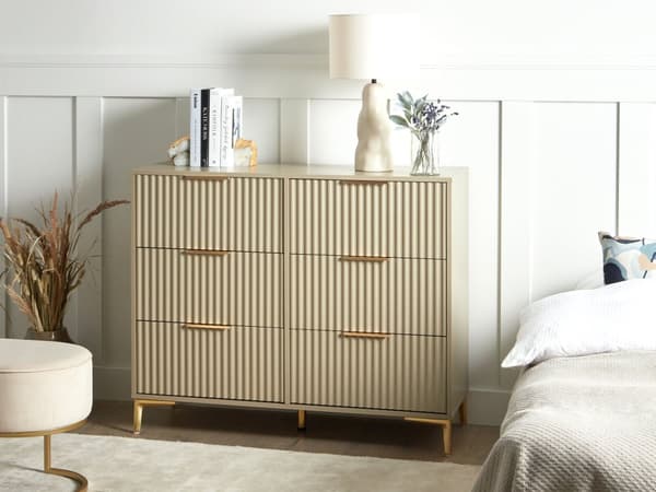 Kommode Beige MDF 6 skuffer Metalben Håndtag Riflede fronter Moderne design Soveværelse Stue