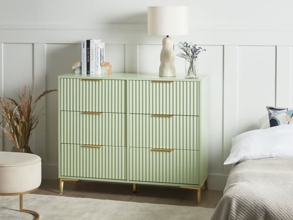 Kommode Grøn MDF 6 skuffer Metalben Håndtag Riflede fronter Moderne design Soveværelse Stue