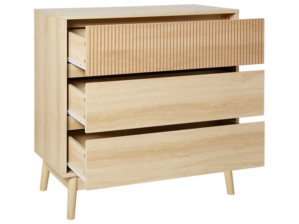 Kommode lyst træ MDF fyrretræ ben opbevaring 3 skuffer moderne stil stue soveværelse