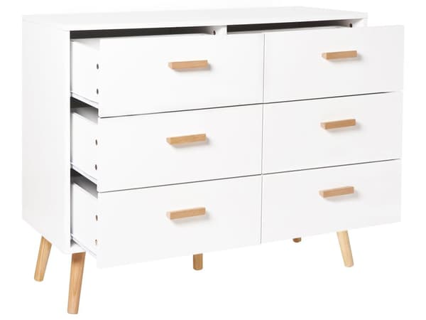 Kommode hvidt lyst træ MDF egetræ ben opbevaring 6 skuffer moderne skandinavisk stil stue soveværelse