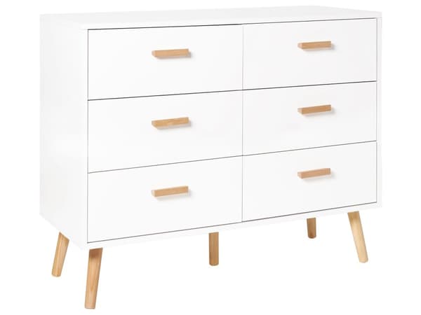 Kommode hvidt lyst træ MDF egetræ ben opbevaring 6 skuffer moderne skandinavisk stil stue soveværelse