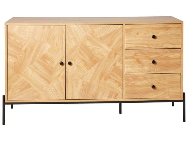 kommode lyst træ sort spånplade opbevaring 3 skuffer skab med 2 døre retro moderne stil stue soveværelse