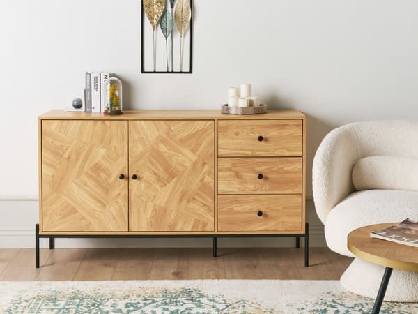 kommode lyst træ sort spånplade opbevaring 3 skuffer skab med 2 døre retro moderne stil stue soveværelse
