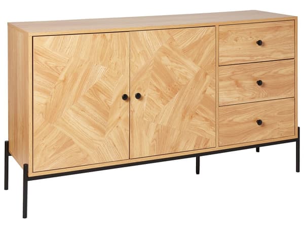 kommode lyst træ sort spånplade opbevaring 3 skuffer skab med 2 døre retro moderne stil stue soveværelse