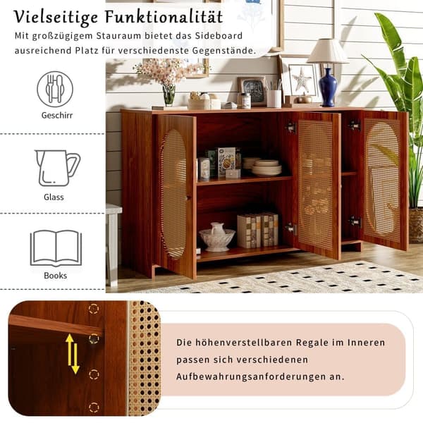 3-dørs rattan skænk med justerbare hylder - lavet af MDF - brun