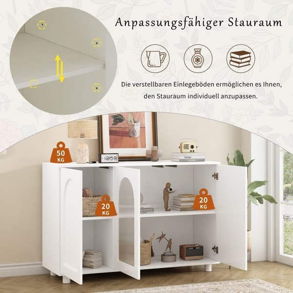 Sideboard med 3 dörrar och justerbara hyllor - Glas och MDF - Vit