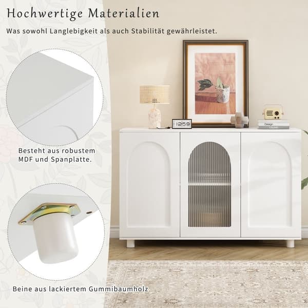 Sideboard med 3 dörrar och justerbara hyllor - Glas och MDF - Vit