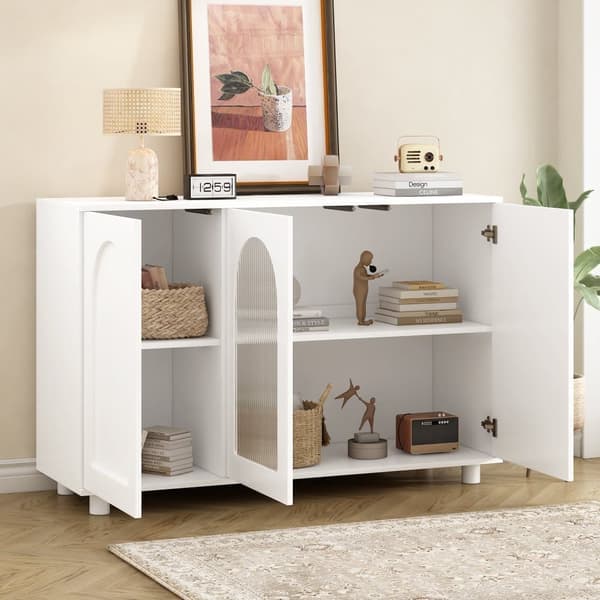 Sideboard med 3 dörrar och justerbara hyllor - Glas och MDF - Vit