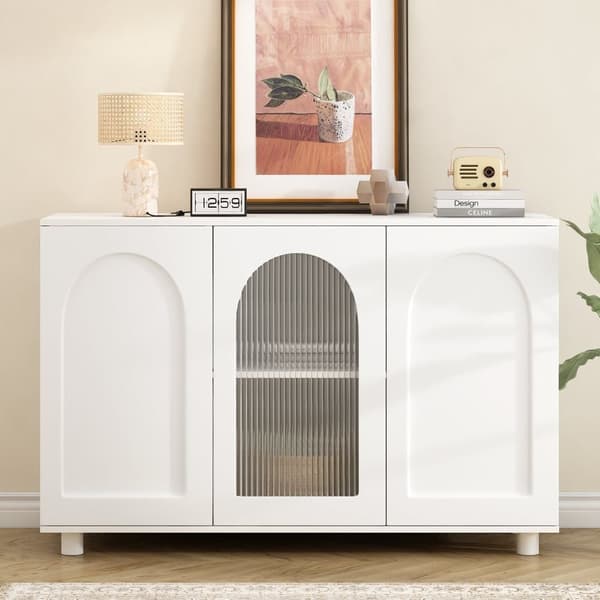 Sideboard med 3 dörrar och justerbara hyllor - Glas och MDF - Vit