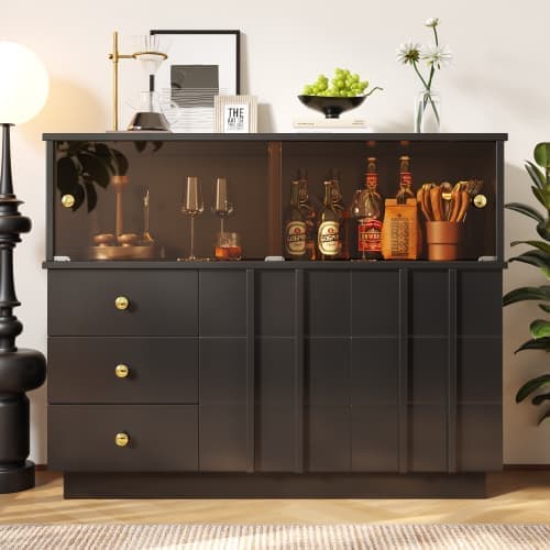 Modernt sideboard - 3 lådor, 2 hyllor och glasvägg - MDF - Svart