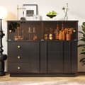 Miniatyrbild 3 av 8: Modernt sideboard - 3 lådor, 2 hyllor och glasvägg - MDF - Svart