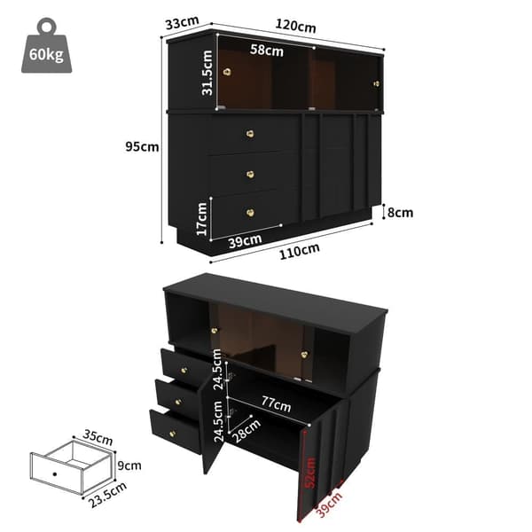 Modernt sideboard - 3 lådor, 2 hyllor och glasvägg - MDF - Svart