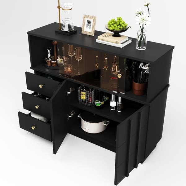 Modernt sideboard - 3 lådor, 2 hyllor och glasvägg - MDF - Svart