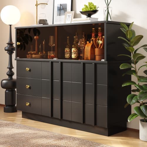 Modernt sideboard - 3 lådor, 2 hyllor och glasvägg - MDF - Svart
