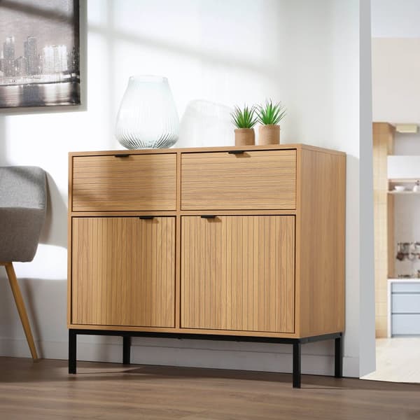 Liten skänk 2 luckor 2 lådor räfflade fronter L90 x H79 cm - TARA