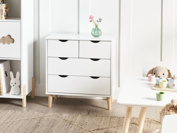 4 Skuffer Hvit MDF Oppbevaringskommode i Furu med Ben av Furu Oppbevaring på Barnerom