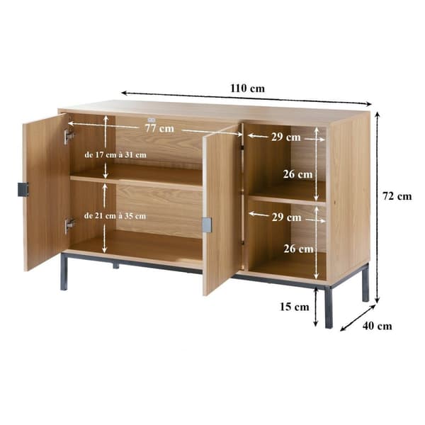 Buffet 2 portes 2 niches ouvertes effet bois rainuré L110 cm - TARA