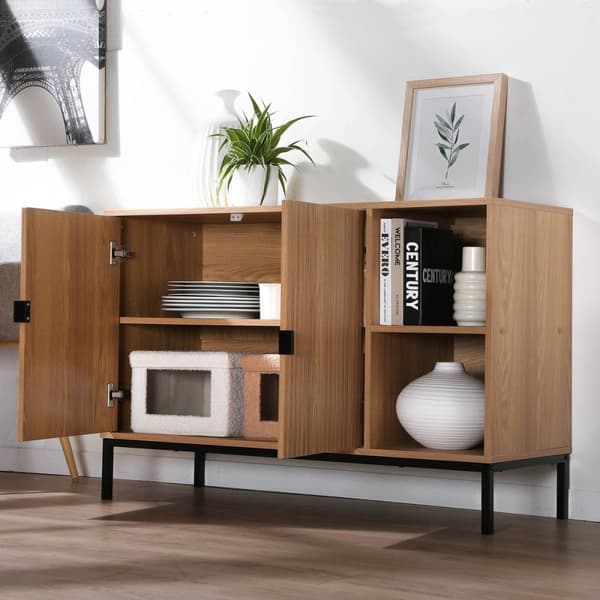 Buffet 2 portes 2 niches ouvertes effet bois rainuré L110 cm - TARA